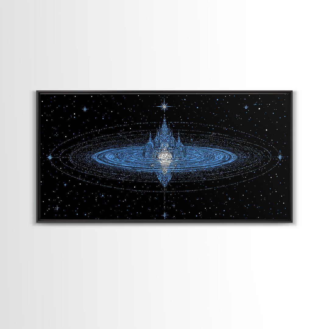 Blue Star City Wall Art, Cosmic Castle On Water, Dreamy Celestial Canvas Print, Mystical Night Sky Decor For Bedroom Gift