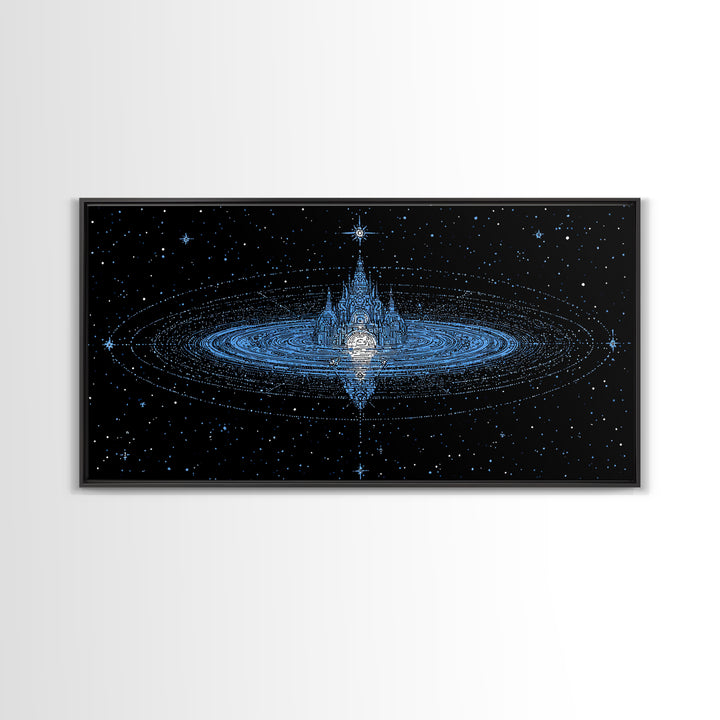Blue Star City Wall Art, Cosmic Castle On Water, Dreamy Celestial Canvas Print, Mystical Night Sky Decor For Bedroom Gift
