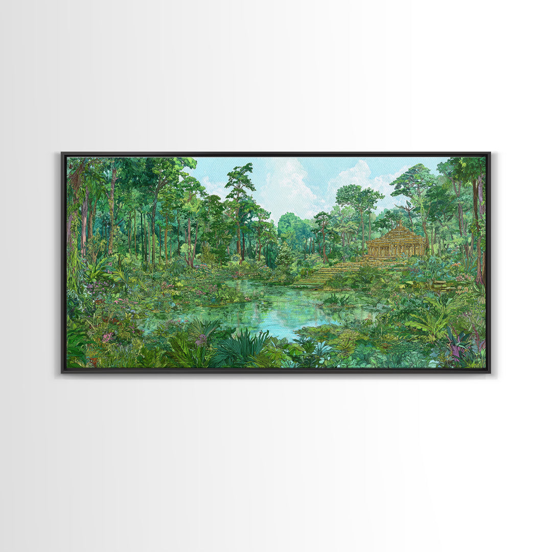 Lush Jungle Temple Wall Art, Tropical Lagoon Landscape, Green Nature Canvas Print, Serene Boho Home Decor Gift For Living Room