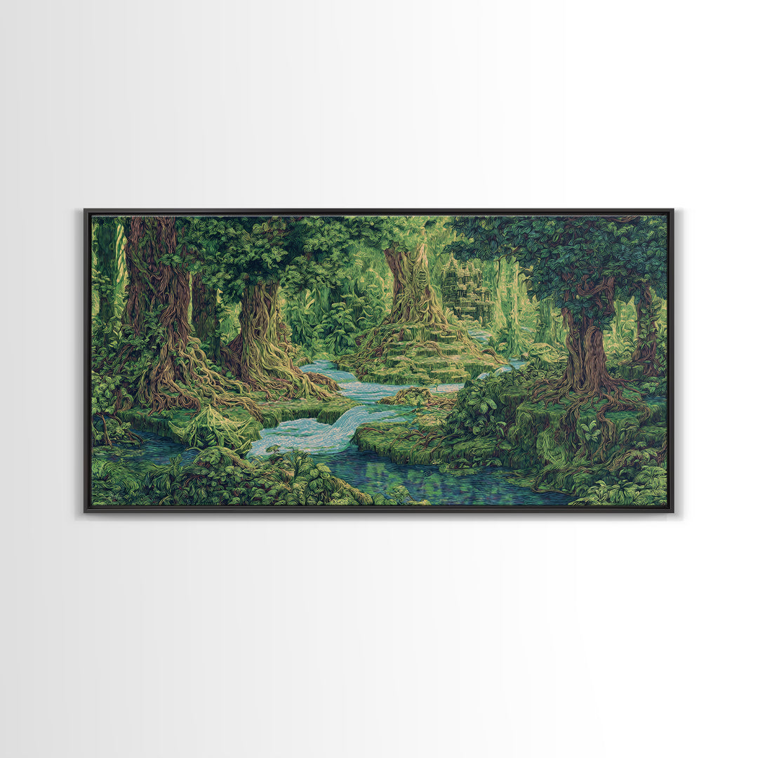 Ancient Jungle Stream Canvas Print, Fantasy Forest Ruins, Green Nature Wall Art, Tropical Landscape Decor For Living Room