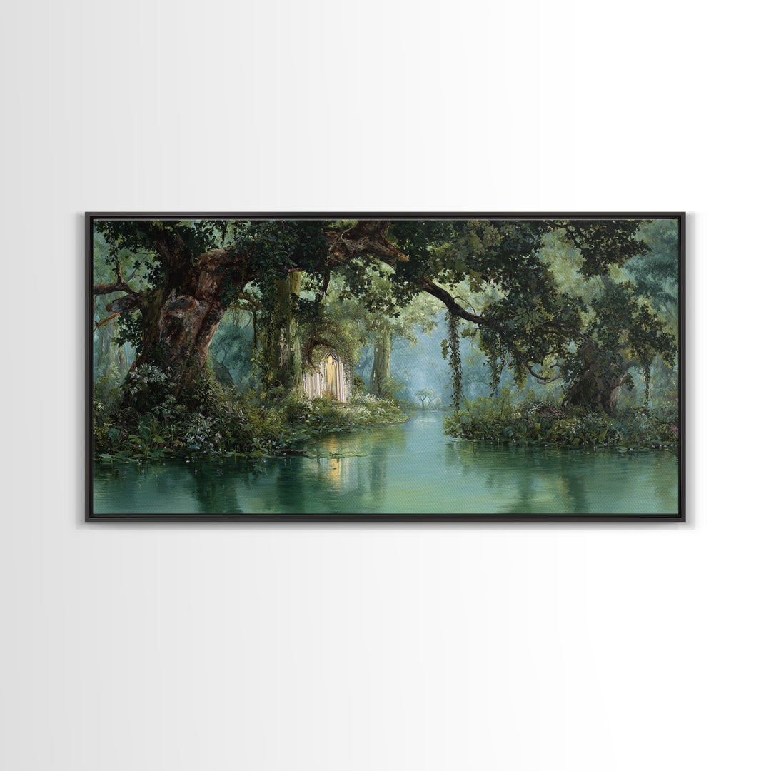 Misty Bayou Forest Wall Art, Dreamy River Landscape, Ancient Trees Canvas Print, Elegant Green Nature Decor For Home Gift