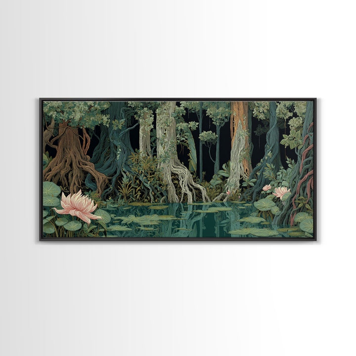 Dark Mangrove Swamp With Lotus Flowers Wall Art, Moody Jungle African Landscape, Boho Nature Canvas, Living Room Decor Gift