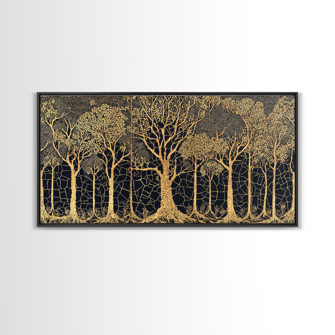Golden Forest Of Bare Trees Wall Art, Black And Gold African Inspired Nature Print, Elegant Boho Home Decor, Statement Gift