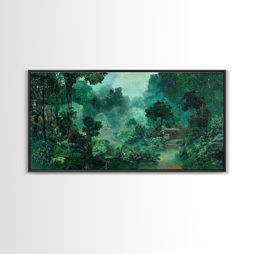 Misty Emerald Jungle Path Wall Art, African Safari Landscape, Tropical Nature Scene, Green Living Room Decor, Serene Gift