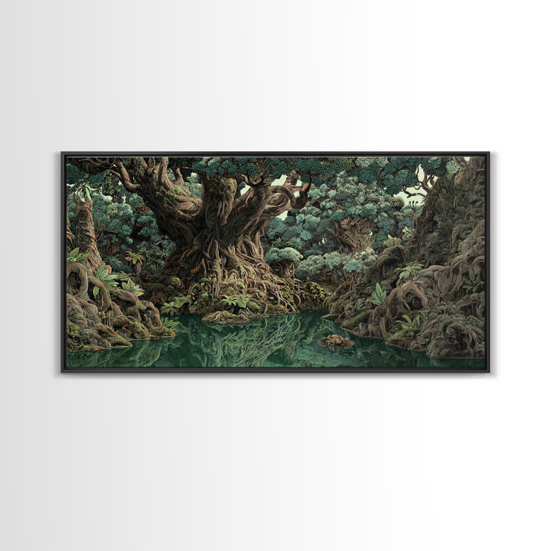 Ancient Banyan Tree Lagoon Canvas Print, Mystical Jungle African Landscape Wall Art, Boho Nature Decor, Statement Home Gift