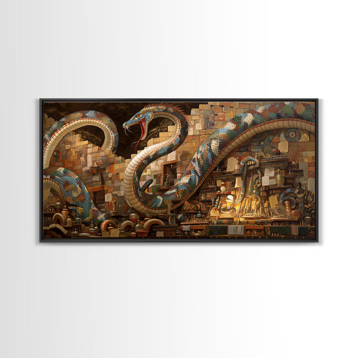 Jeweled Giant Serpents In Antique Market Canvas Print, Mystical African Inspired Wall Art, Exotic Boho Decor, Unique Gift