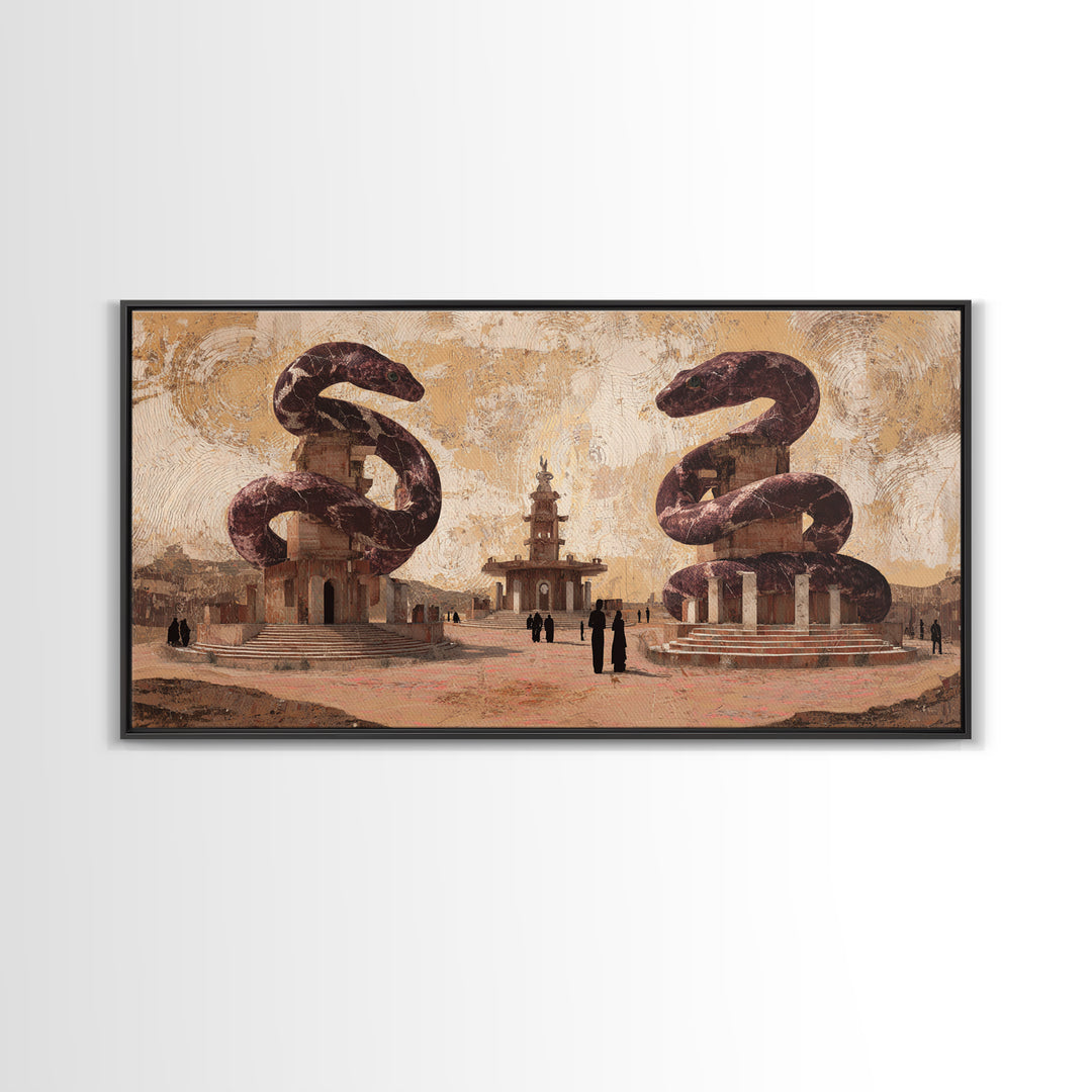 Twin Serpent Desert Plaza Framed Canvas Print, African Inspired Wall Art, Warm Terracotta Cultural Decor, Unique Home Gift