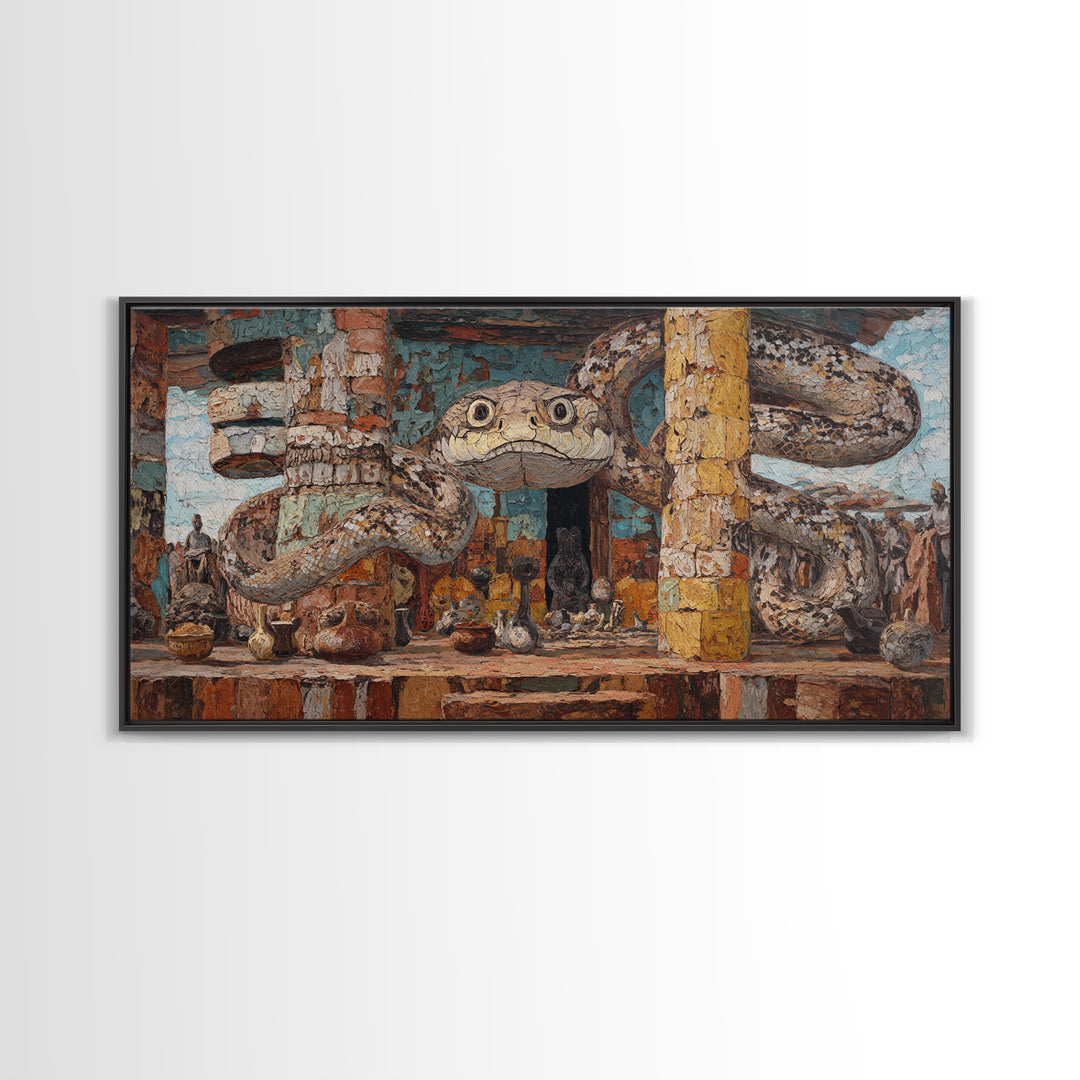Giant Serpent Market Scene Canvas Print, African Tribal Art, Snake Sculpture Decor, Rustic Bazaar Wall Decor Gift For Living Room
