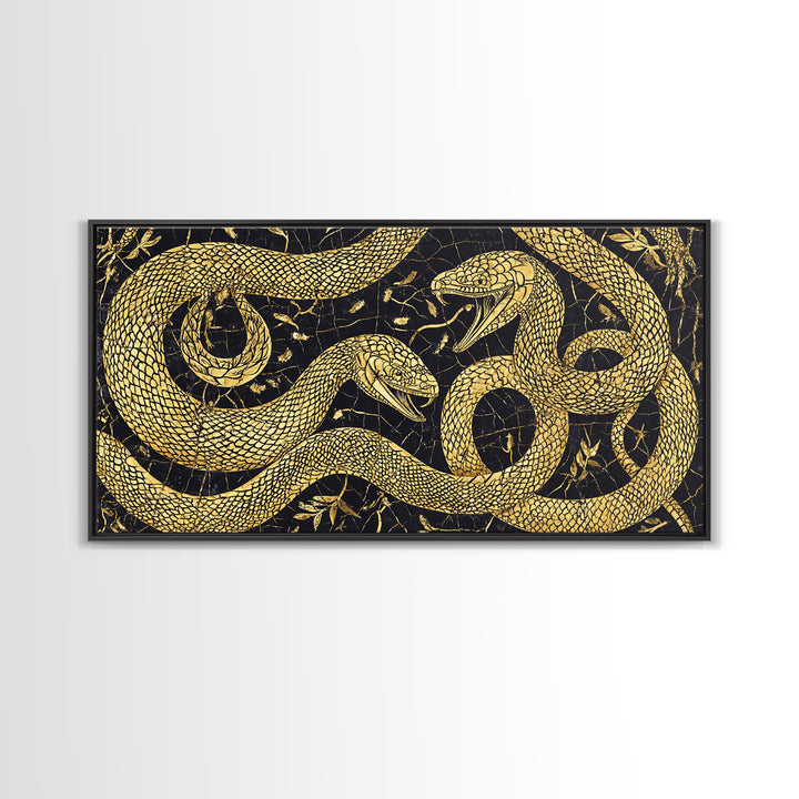 Gold Serpent Botanical Canvas Print, Black And Gold Snake Wall Art, African Inspired Luxury Decor For Bedroom And Office