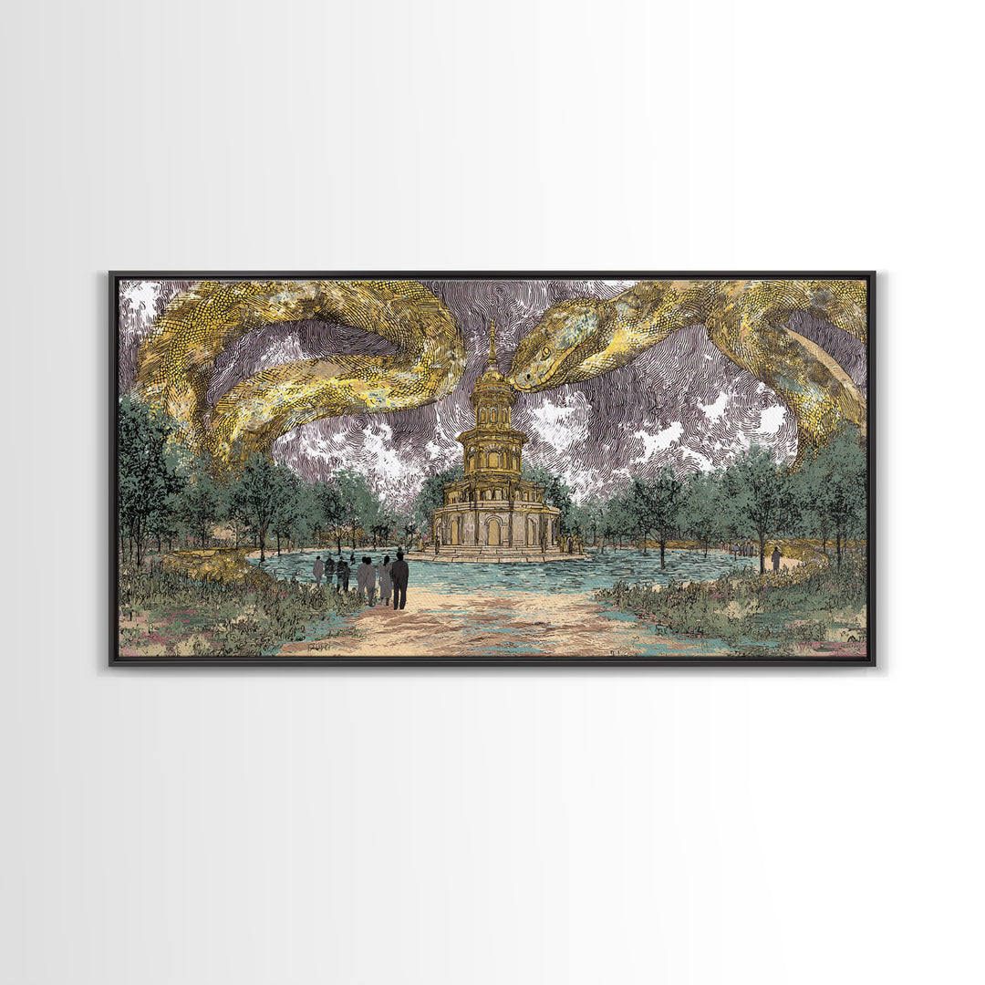 Golden Serpents Over Palace Gardens Wall Art, Surreal Botanical Landscape, Luxury Canvas Print For Elegant Home Decor Gift