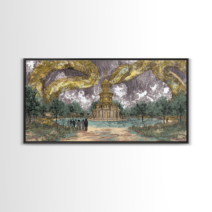 Golden Serpents Over Palace Gardens Wall Art, Surreal Botanical Landscape, Luxury Canvas Print For Elegant Home Decor Gift