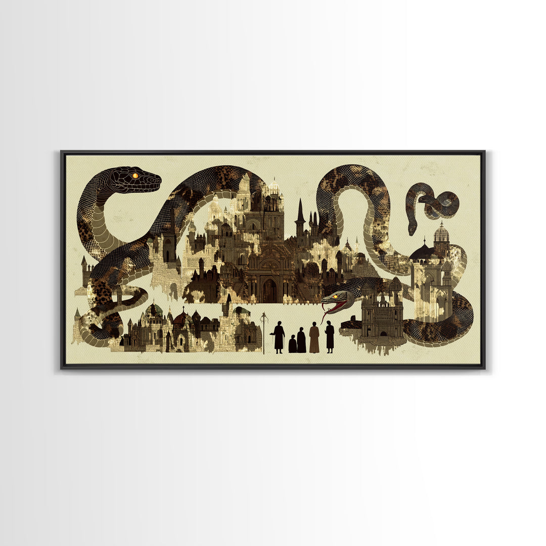 Sepia Serpent Cityscape Canvas Print, Historic Architecture Wall Art, Fantasy Snake Artwork For Study Room Decor Gift For Him
