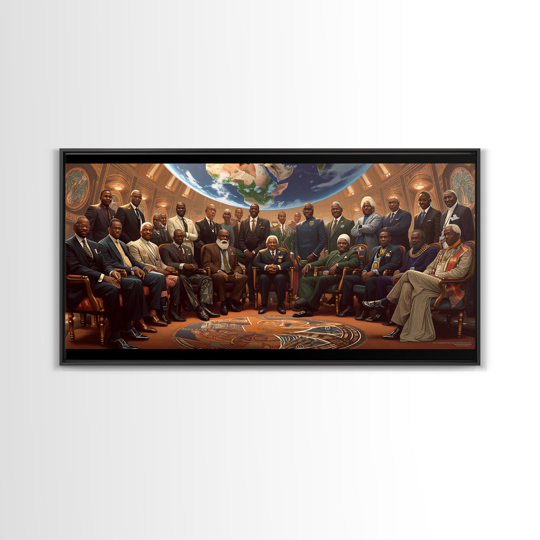 Pan African Council Under Globe Framed Canvas Print, Black Culture Wall Art, African American Leaders Office Decor Gifts