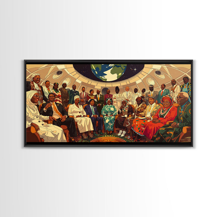 Afrofuturist Elders Council Framed Canvas Print, African American Art, Black Culture Art, Modern African Art, Home Decor