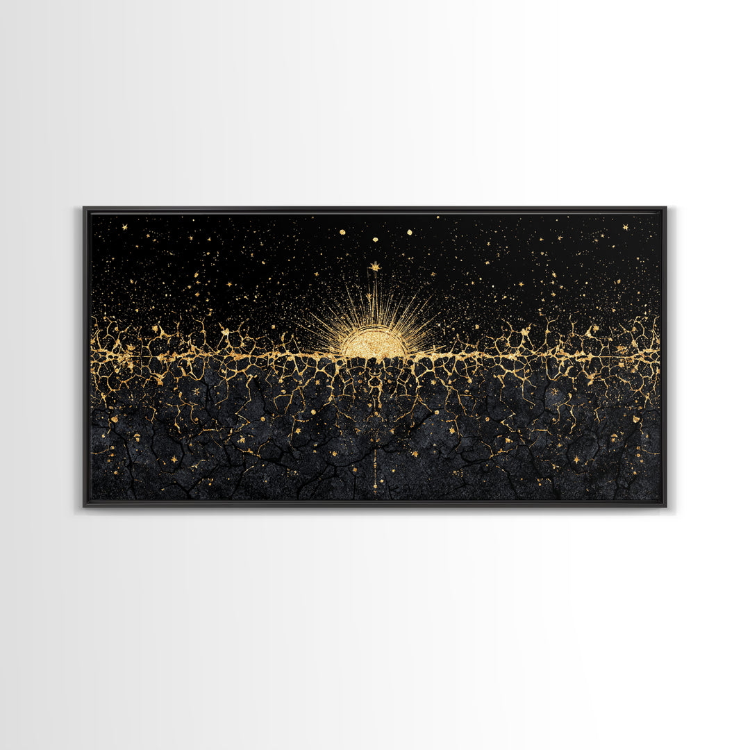 Golden Sunrise Over Ancestral Horizon Wall Art, Black And Gold Art, African Inspired, Spiritual Wall Art, Elegant Home Decor
