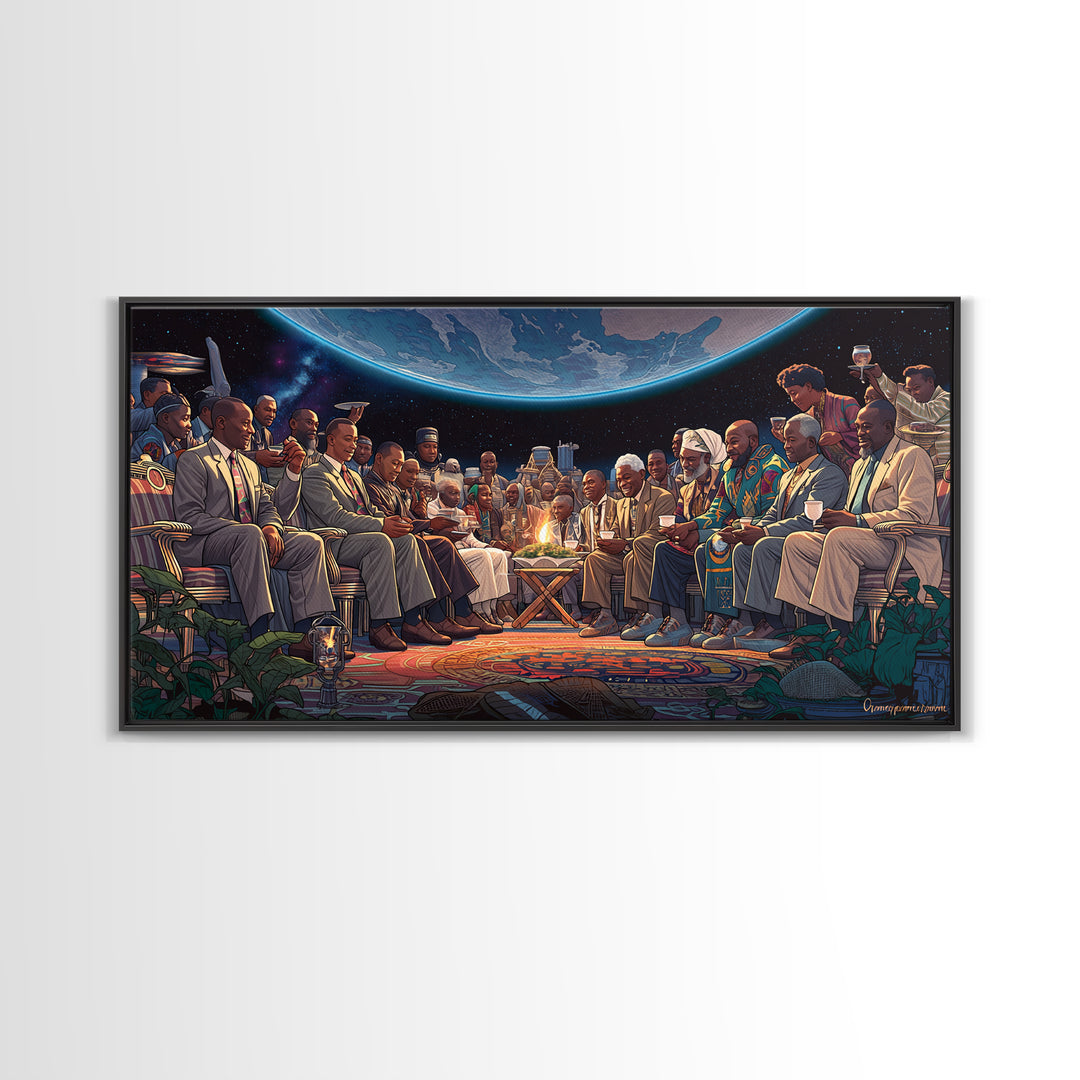 Moonlit Global Council By Fire Wall Art, African American Art, Afrocentric Decor, Black Culture Art, Unique Canvas Print Gift