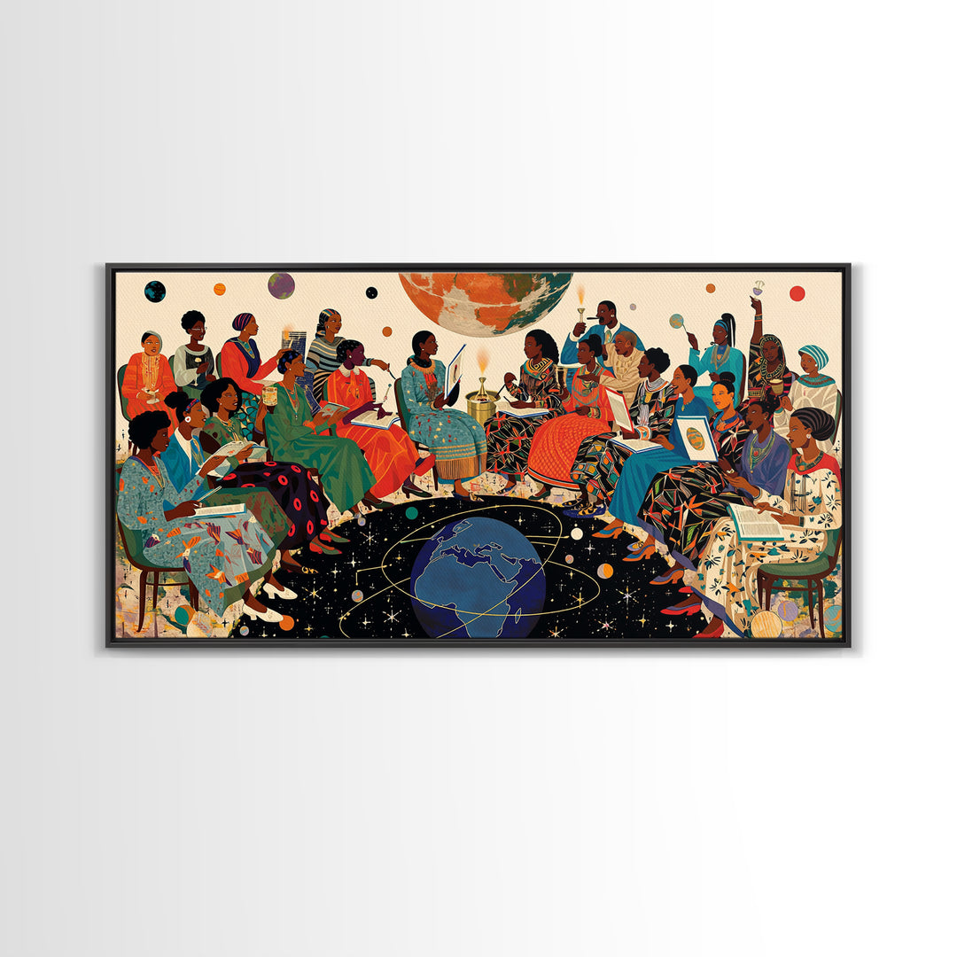 Cosmic African Women Circle With Planets Canvas Print, Black Women Art, Afrocentric Wall Art, Vibrant Cultural Home Decor