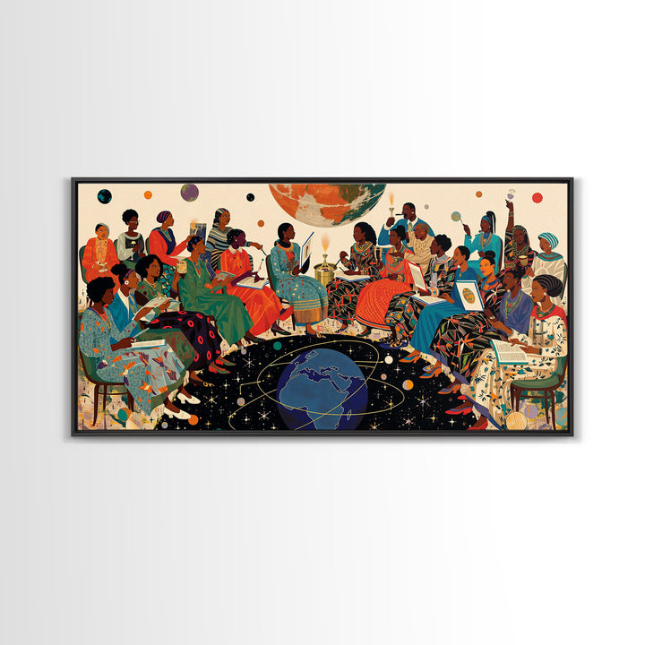 Cosmic African Women Circle With Planets Canvas Print, Black Women Art, Afrocentric Wall Art, Vibrant Cultural Home Decor