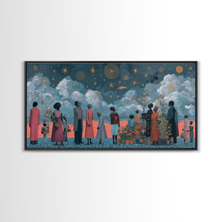 Starry Ancestral Gathering Beneath Clouded Sky Framed Canvas Print, African Wall Art, Spiritual Black Culture Decor Gift