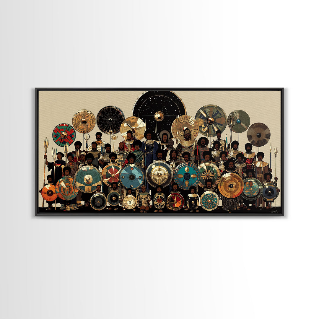 Regal African Shield Bearers With Tribal Parasols Framed Canvas Print, African Warrior Art, Black Culture Wall Decor Gift