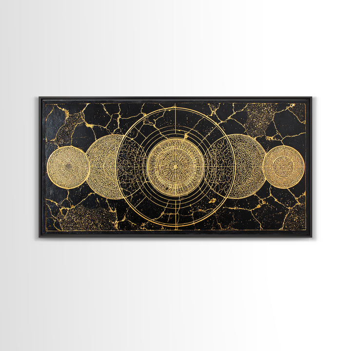 Golden Lunar Phases Celestial Geometry Wall Art, Black And Gold Abstract African Inspired Decor, Mystic Boho Canvas Print