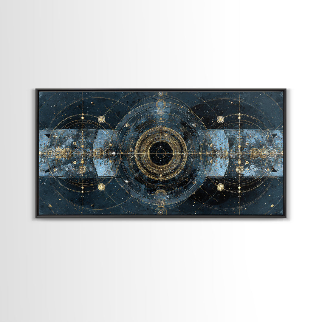Blue Gold Cosmic Portal Canvas Print, Abstract Wall Art With Sacred Geometry, Modern Luxury Decor For Living Room And Office