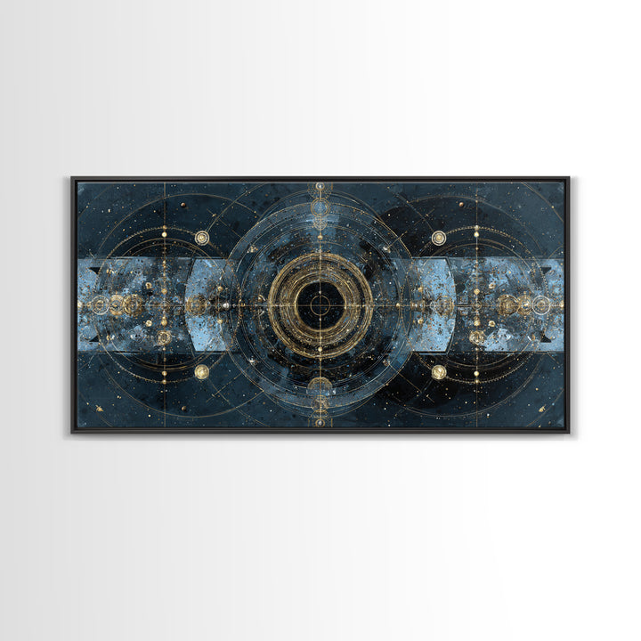 Blue Gold Cosmic Portal Canvas Print, Abstract Wall Art With Sacred Geometry, Modern Luxury Decor For Living Room And Office