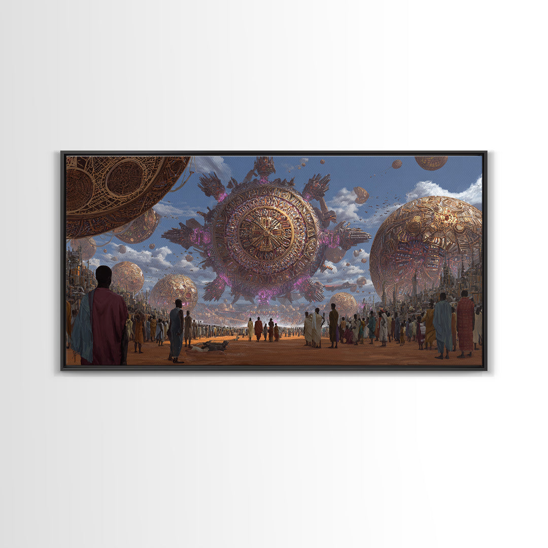 Afrofuturist Festival With Floating Golden Spheres Canvas Print, African Culture Wall Art, Futuristic City Decor Gift For Living Room