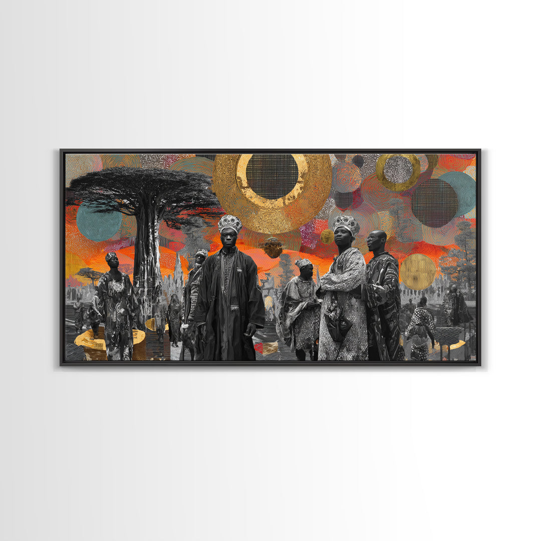 Royal African Figures Under Baobab Sun Wall Art, Afrocentric Black Culture Art, Gold Collage Canvas Print For Elegant Home Decor
