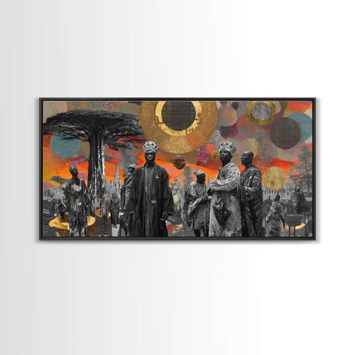 Royal African Figures Under Baobab Sun Wall Art, Afrocentric Black Culture Art, Gold Collage Canvas Print For Elegant Home Decor