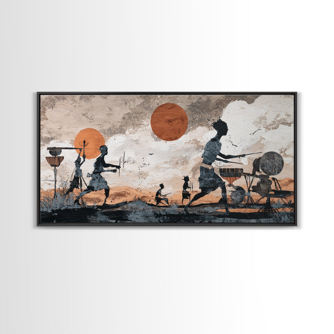 Drumming Village Family Silhouettes Canvas Print, African Wall Art, Tribal Music Decor, Afrocentric Living Room Artwork Gift