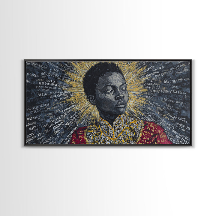 Young Black Boy Portrait With Golden Halo Framed Canvas Print, African American Art, Black History Decor, Empowerment Gift