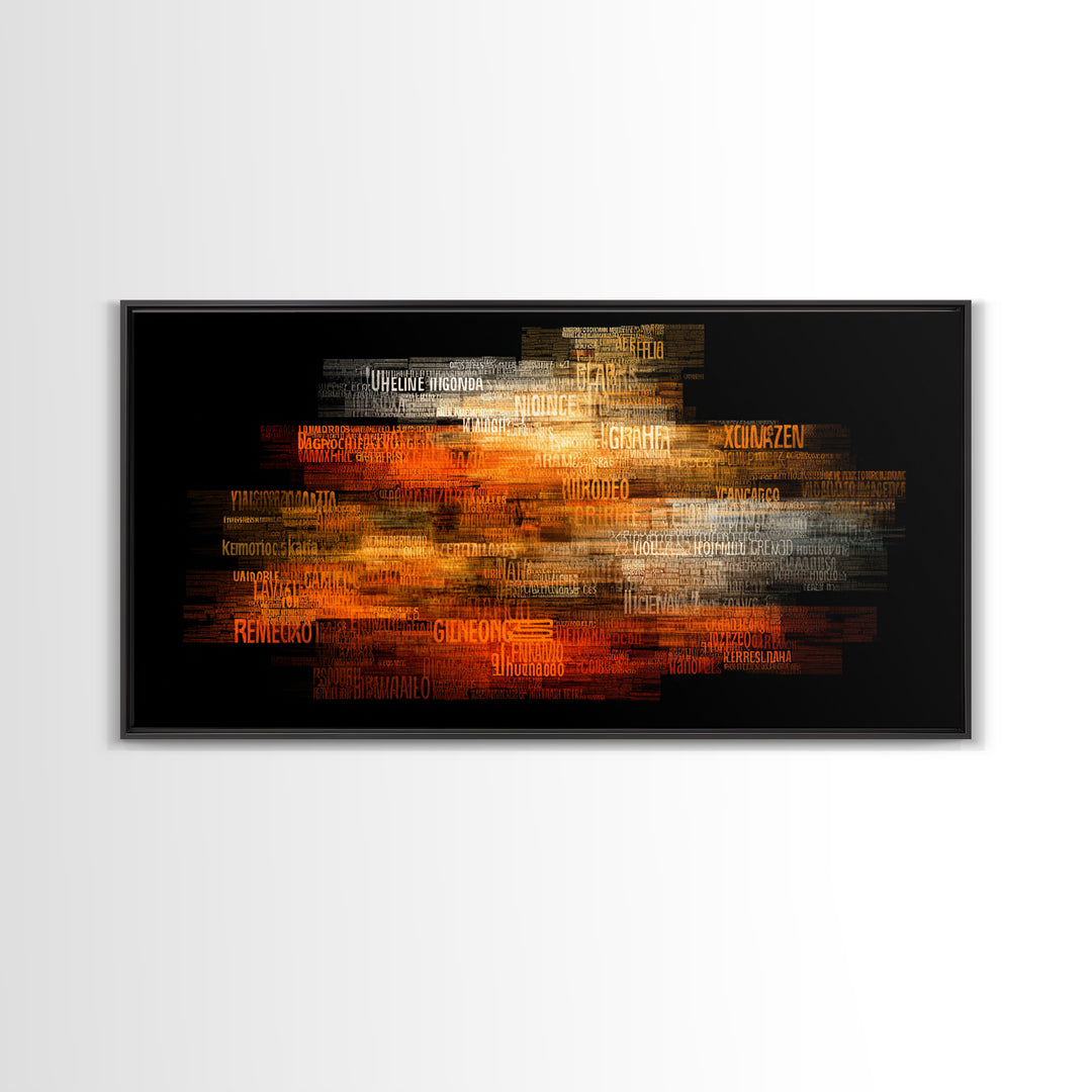 Orange Gold African Word Cloud Framed Canvas Print, Abstract African Art, Afrocentric Decor, Vibrant Statement Wall Decor
