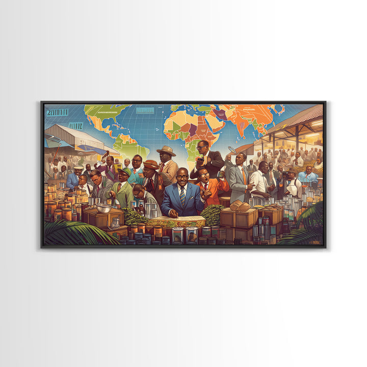 African Market Trade Scene Canvas Print, Pan African Map Wall Decor, Black History Art, Cultural Office Decor Gift For Him