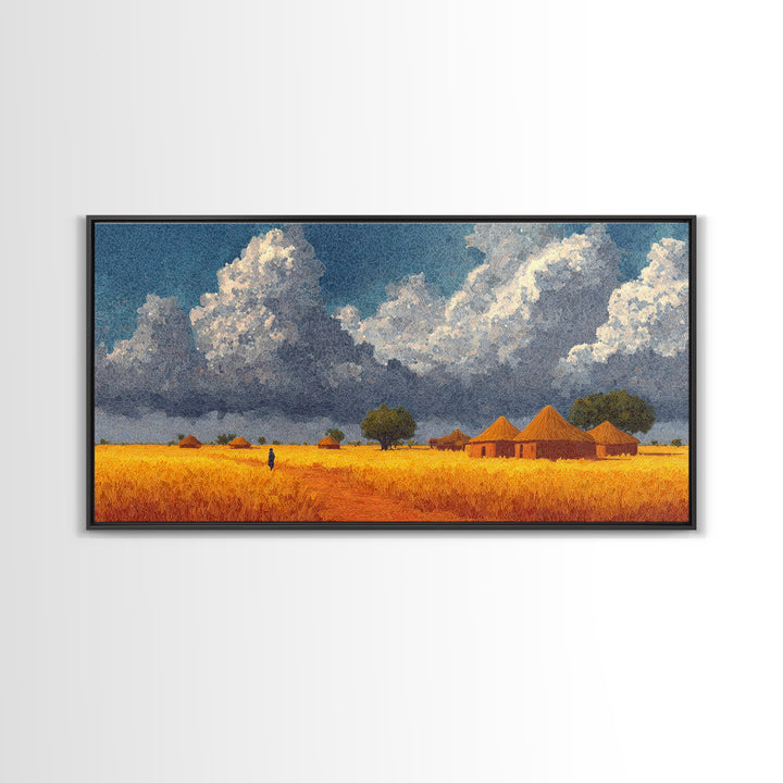 Golden Savanna Village With Storm Clouds Framed Canvas Print, African Landscape, Safari Art, Rustic Home Decor, Africa Painting