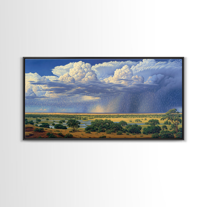 Blue Rain Clouds Over Green Savanna Wall Art, African Safari Art, Serengeti Wall Art, Nature Scene Art, Large Decor Art Gift