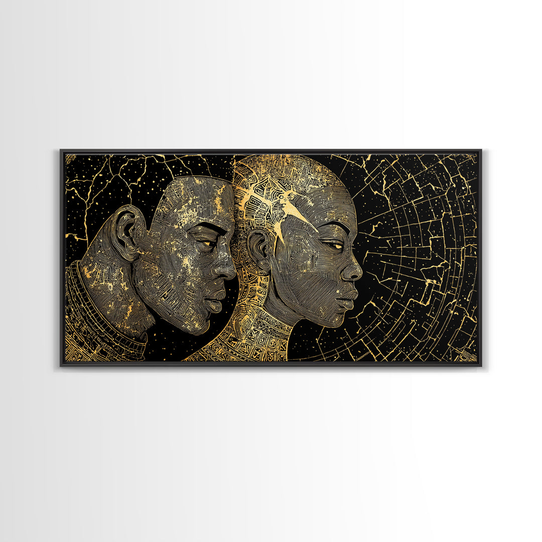 Golden African Profiles With Celestial Patterns Canvas Print, Afrocentric Portrait Wall Art, Black Culture Decor, Unique Gift
