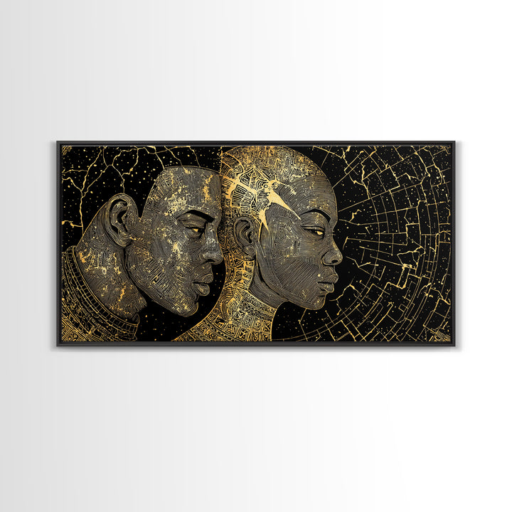 Golden African Profiles With Celestial Patterns Canvas Print, Afrocentric Portrait Wall Art, Black Culture Decor, Unique Gift