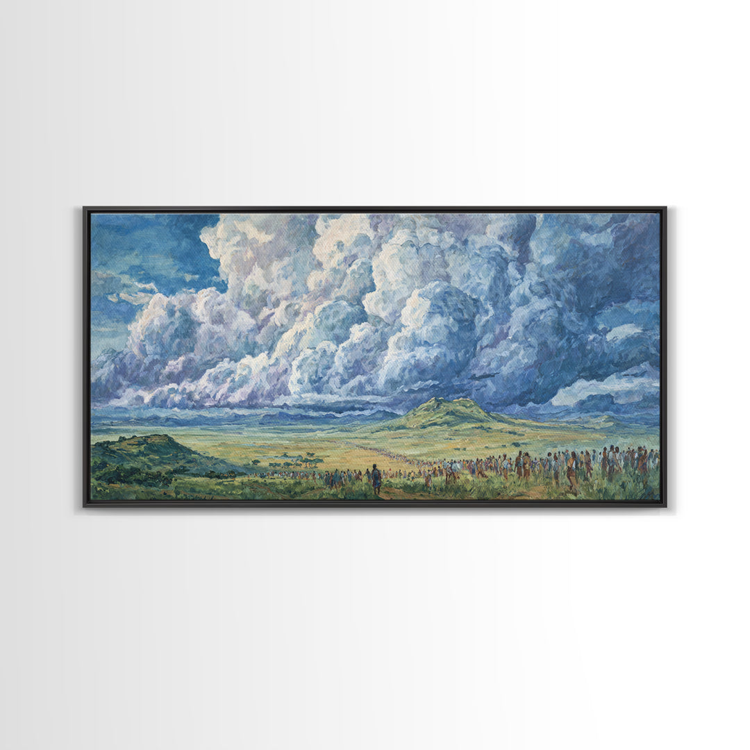 Vast African Plains Under Towering Blue Storm Clouds Canvas Print, Panoramic Wall Art, Cultural Landscape, Office Decor Art