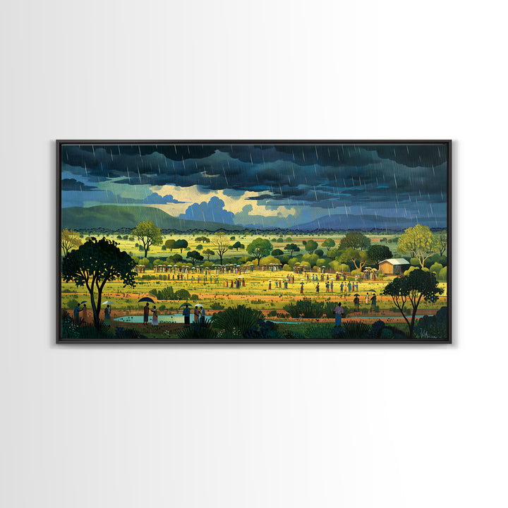 Rainy African Village Fields With Dark Monsoon Sky Wall Art, Motherland Landscape, Cultural Home Decor, Framed Canvas Print