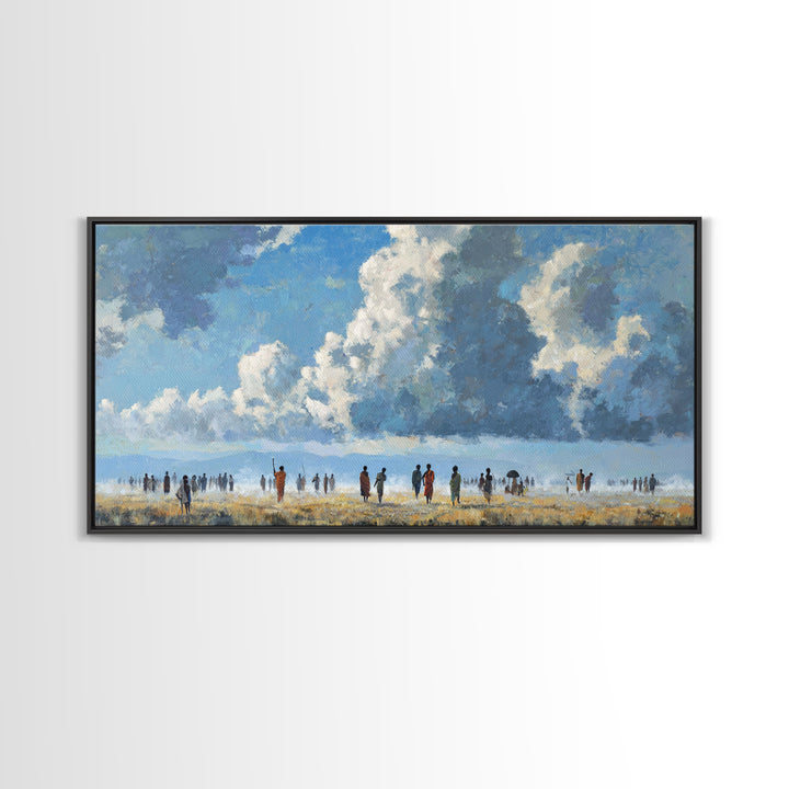 Open African Horizon With Walking Figures And Soft Clouds Wall Art, Minimalist Landscape, Blue Sky Decor, Canvas Print, Gift