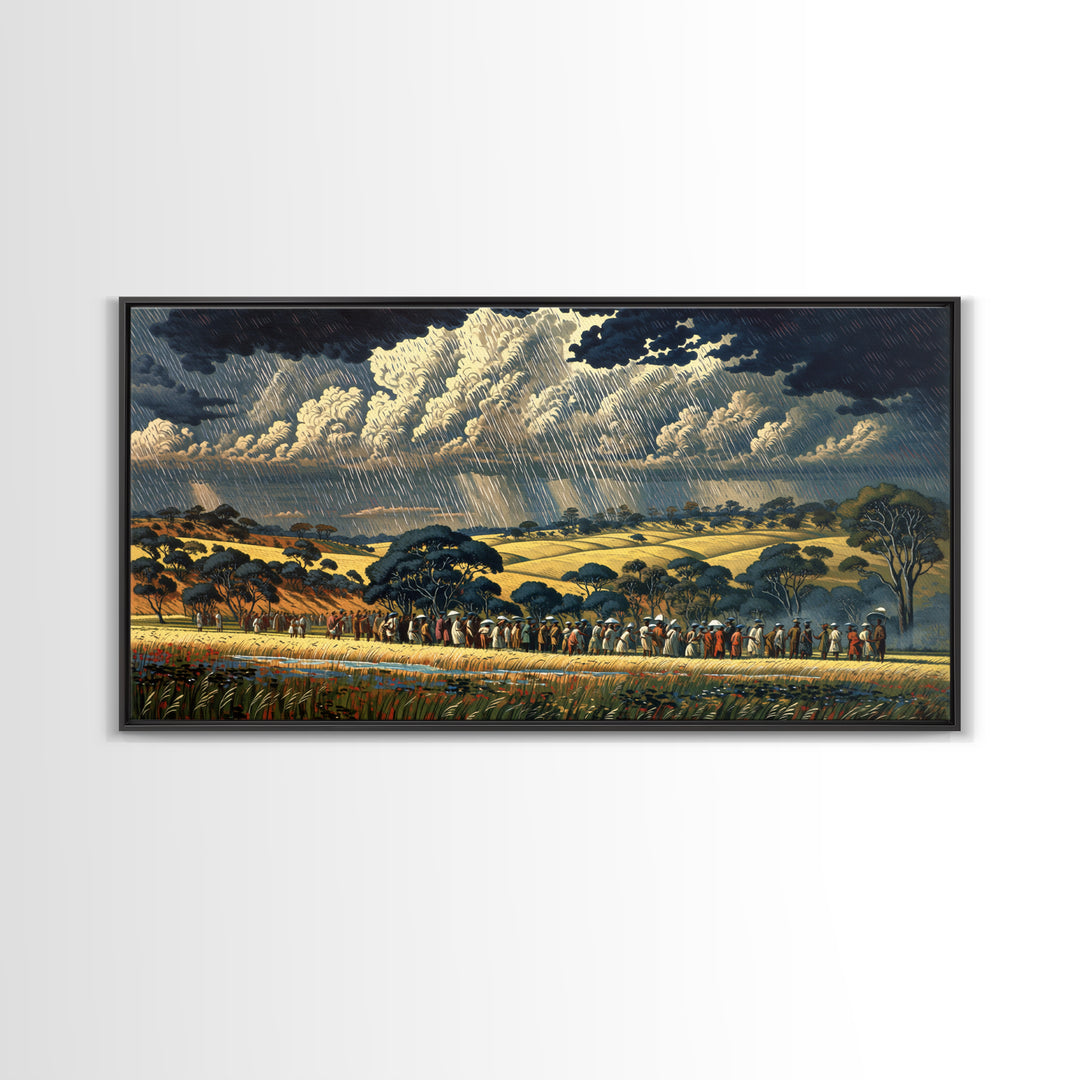 African Procession Through Sunlit Rainy Savanna Framed Canvas Print, Dramatic Storm Wall Art, Cultural Decor, Safari Gift