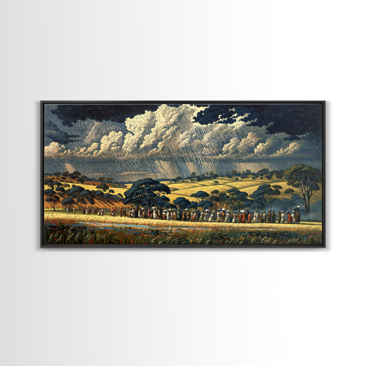 African Procession Through Sunlit Rainy Savanna Framed Canvas Print, Dramatic Storm Wall Art, Cultural Decor, Safari Gift