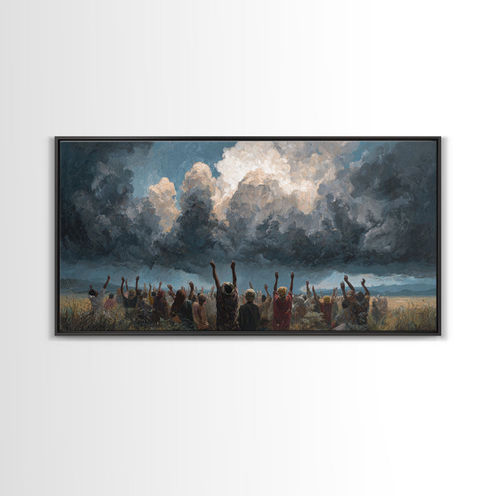 Joyful African Crowd Under Dramatic Storm Clouds Wall Art, Black Culture Celebration, Spiritual Decor, Panoramic Canvas Print