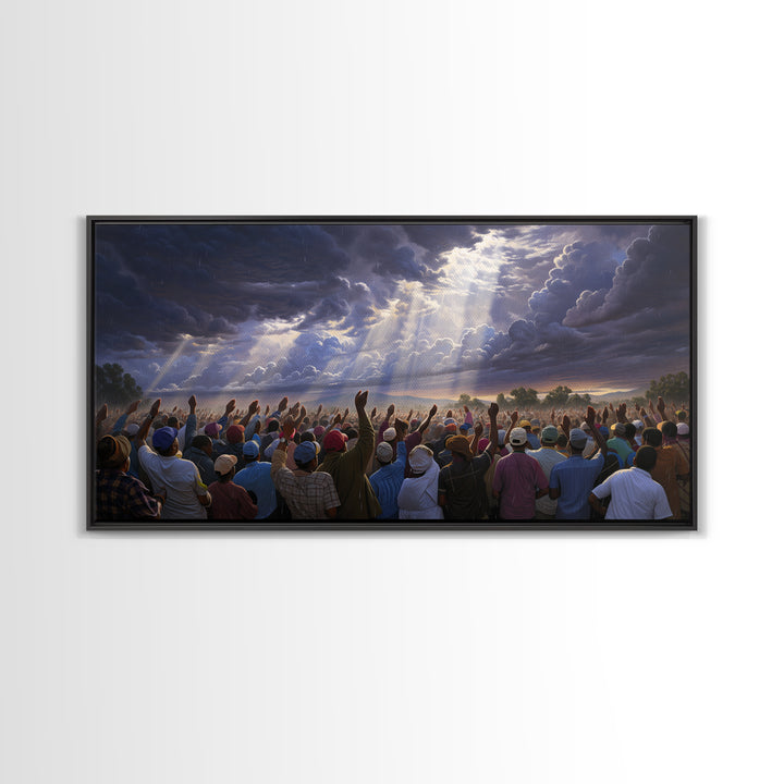 Hopeful African Gathering With Raised Hands Framed Canvas Print, Heavenly Storm Clouds Wall Art, Black Culture Decor Gift
