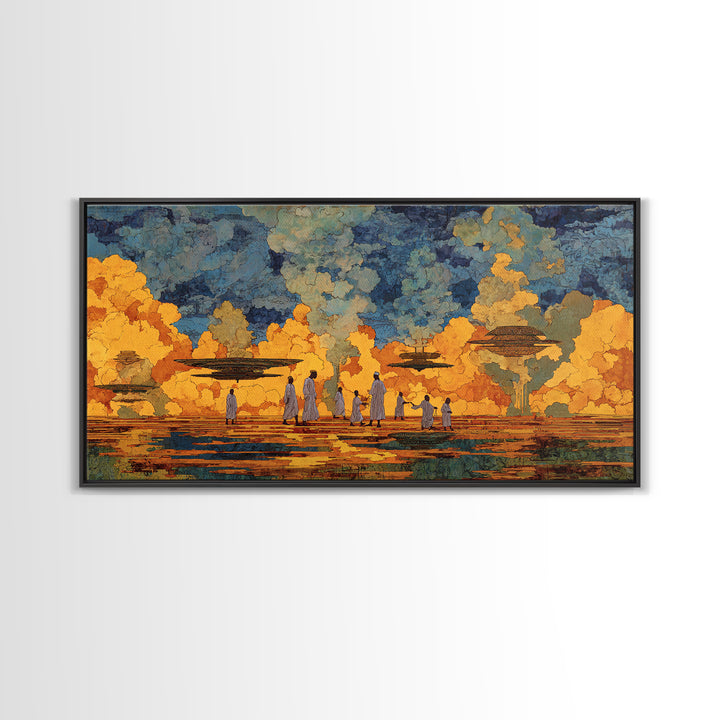 Golden African Village Scene Wall Art, Modern African Art Print, Cultural Landscape, Warm Earth Tone Living Room Decor Gift