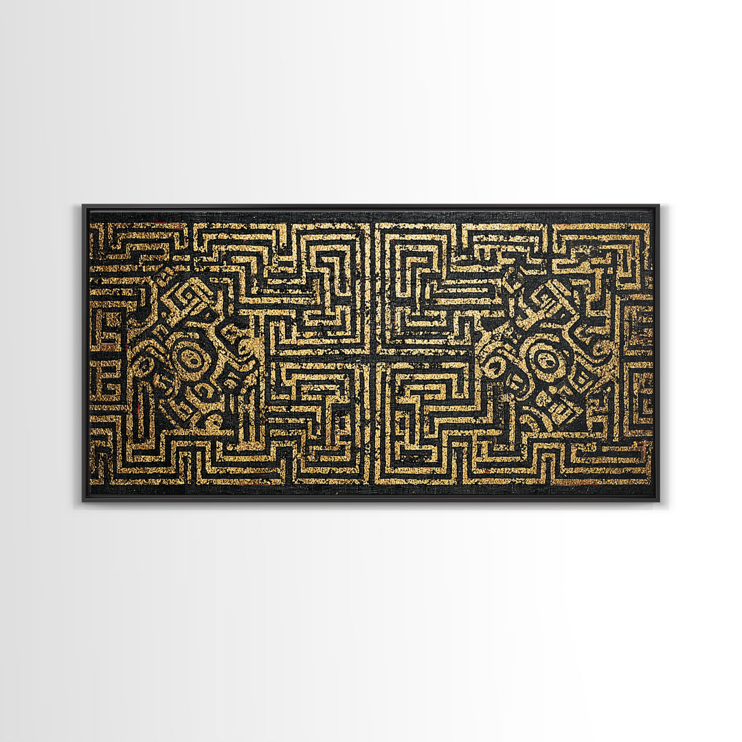 Black And Gold African Tribal Maze Canvas Print, Kuba Inspired Pattern Art, Ethnic Wall Decor, Bold Geometric Home Decor