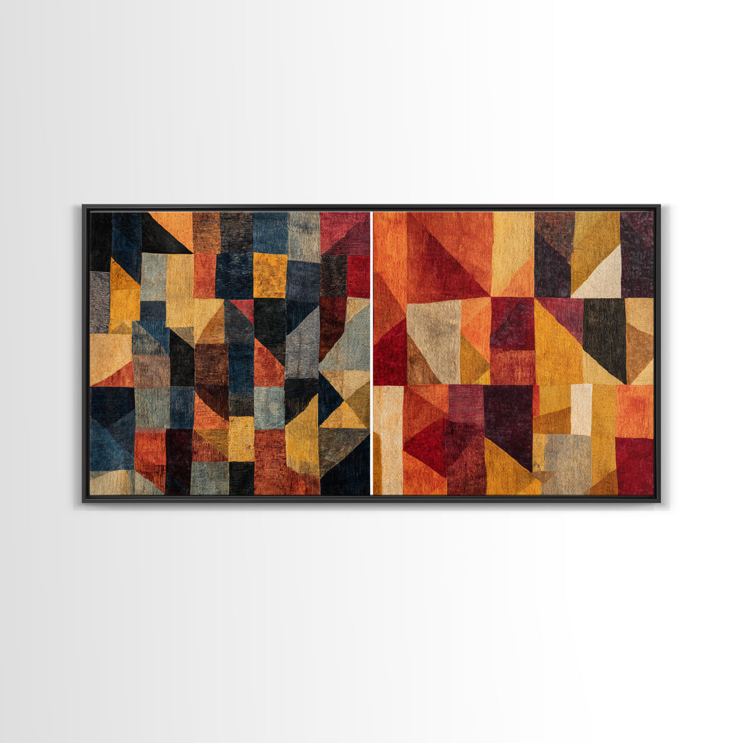 Modern African Geometric Patchwork Canvas Print, Abstract Ethnic Wall Art, Earth Tone Cubism Decor, Bold Home Decor Gift