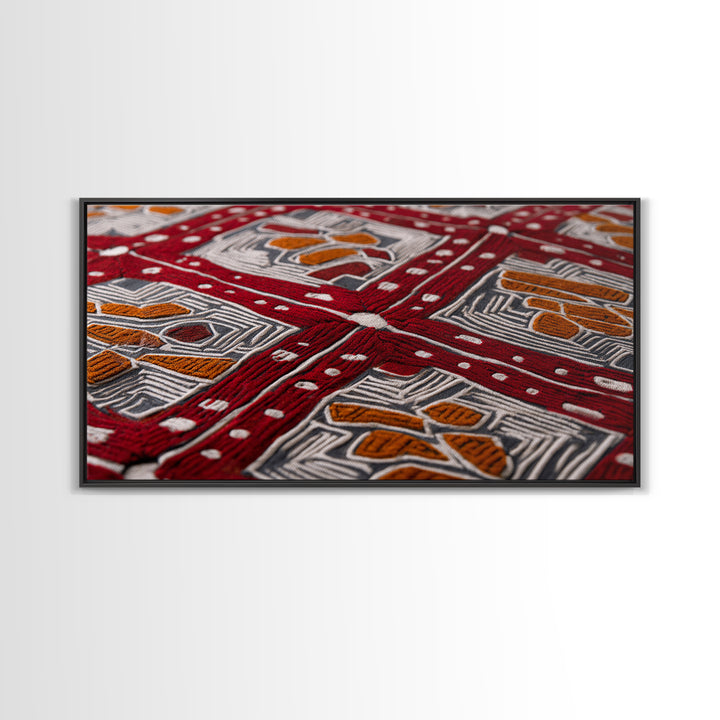 Red African Embroidered Textile Framed Canvas Print, Ankara Fabric Wall Decor, Tribal Pattern Art, Bold Cultural Home Decor