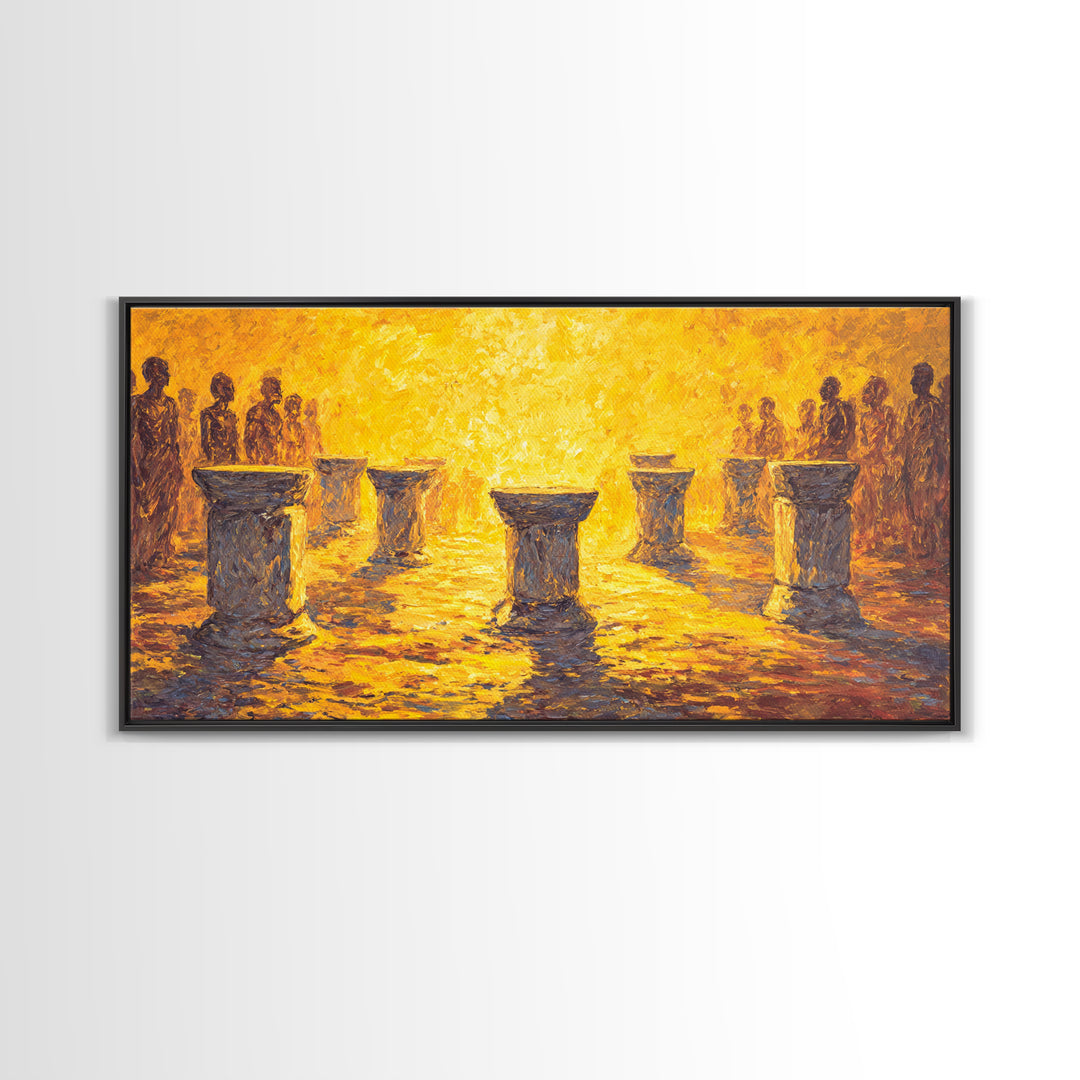 Golden Drum Ceremony Silhouette Wall Art, African Celebration Painting, Cultural Art Print, Warm Sunset Housewarming Gift